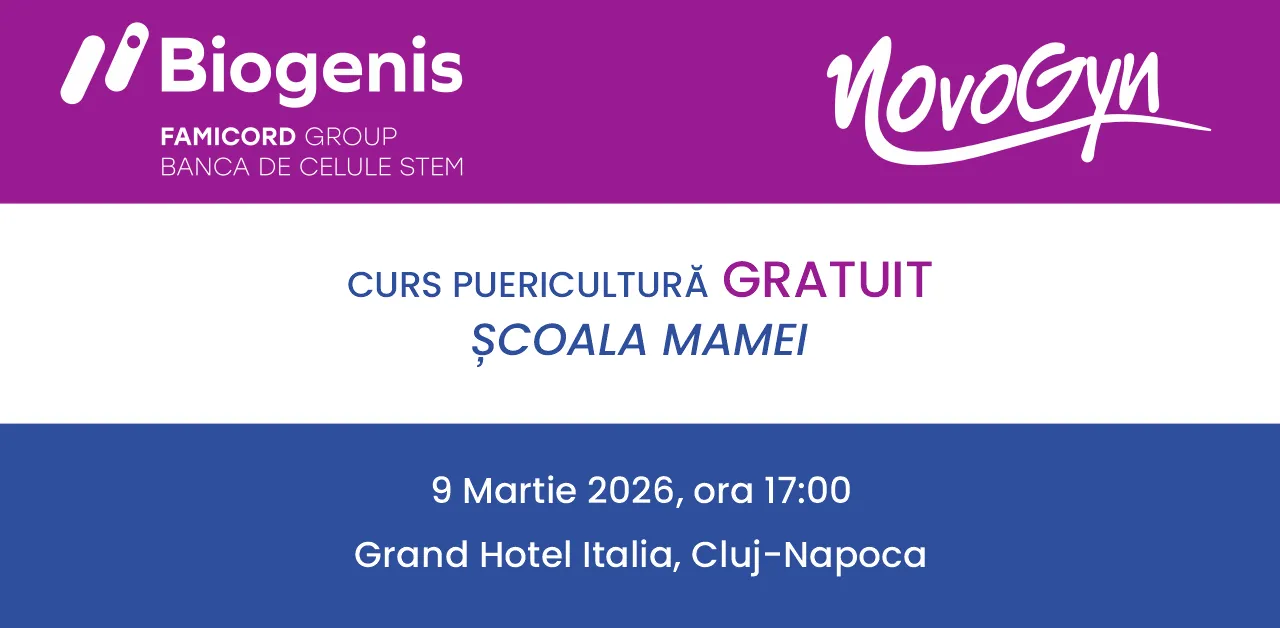 Biogenis invită graviduțele la Cursul de Puericultură GRATUIT în data de 09 Martie 2026, ora 17:00, Grand Hotel Italia, Cluj-Napoca