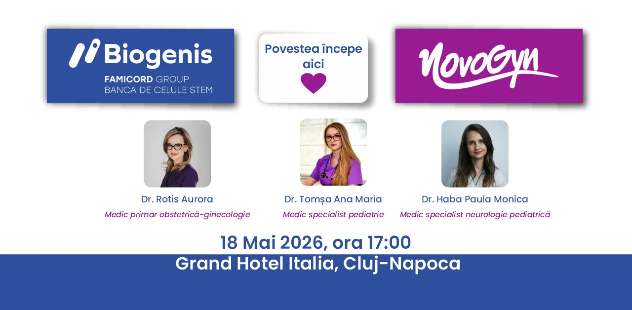 Biogenis invită graviduțele la Cursul de Puericultură GRATUIT în data de 18 MAI 2026, ora 17:00, Grand Hotel Italia, Cluj-Napoca