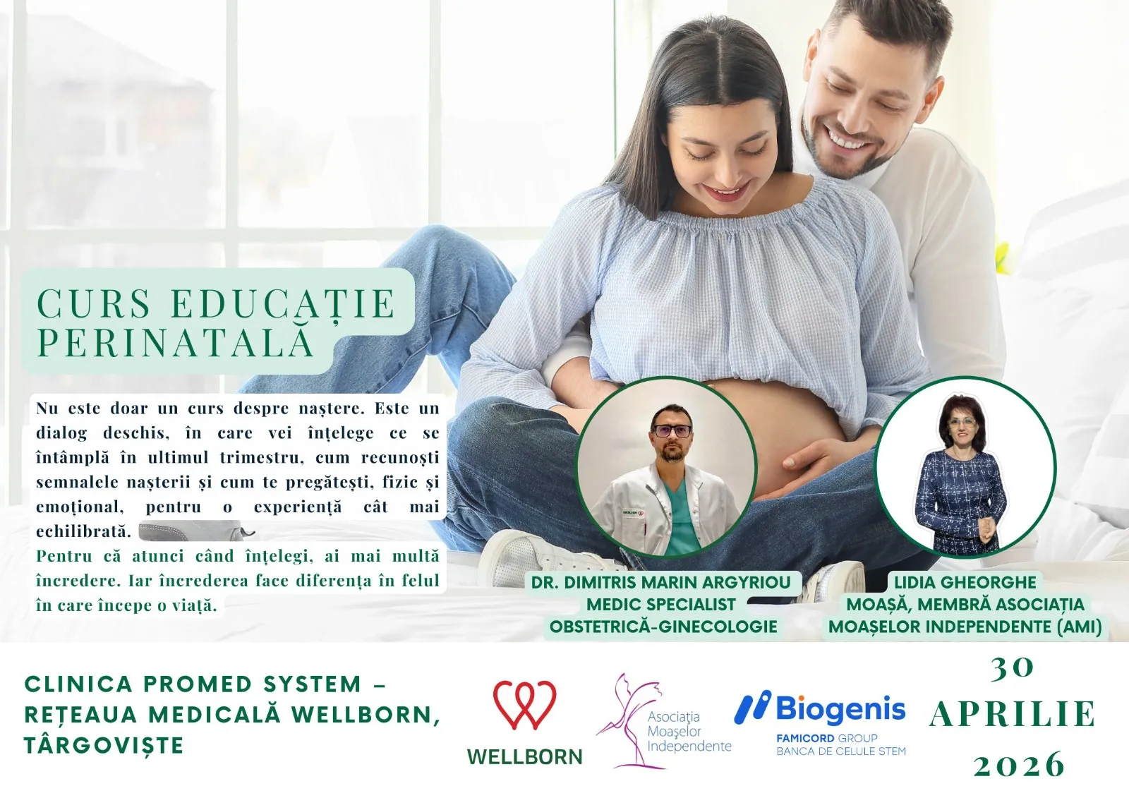 Biogenis invită graviduțele la Cursul de educație perinatală, 30 Aprilie 2026, Spitalul Privat Wellborn, Târgoviște
