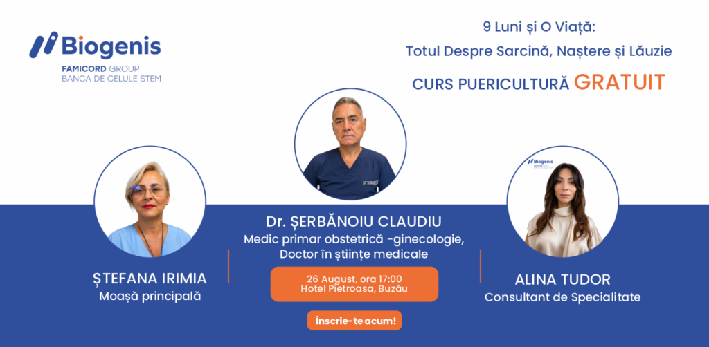 Curs de puericultură gratuit Biogenis, 9 Luni și O Viață, 26 August 2026, Hotel Pietroasa, Buzău